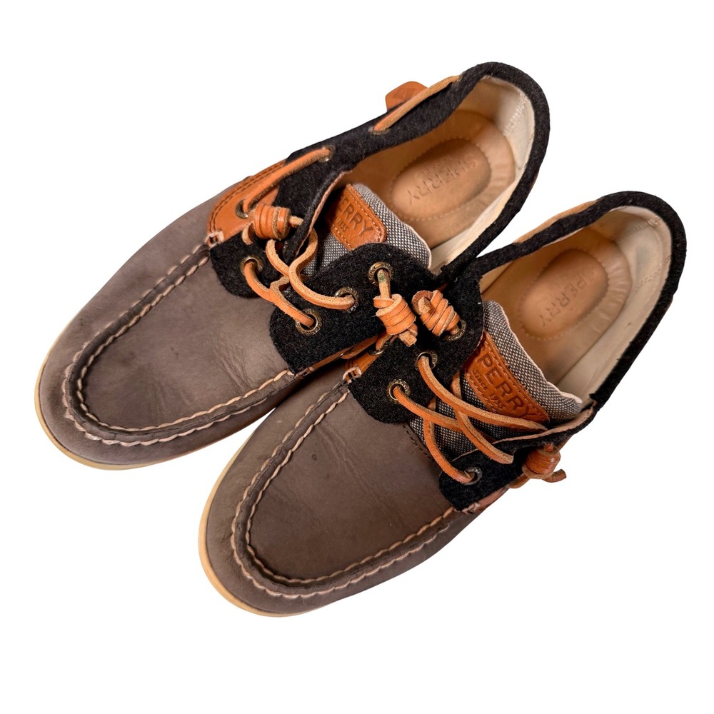 Sperry Women's Boat Shoes‎ Grey Tan Leather Fabric Lace Up Size 7M